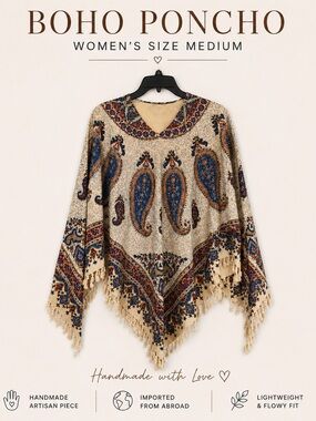 Handmade Boho Paisley Fringe Poncho Women’s Medium Festival Cottagecore